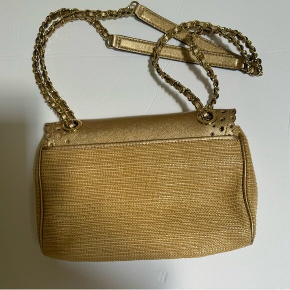 Michael Kors Violet Vivian Leather Straw Raffia Metallic Chain Shoulder Bag Tote - Picture 6 of 16